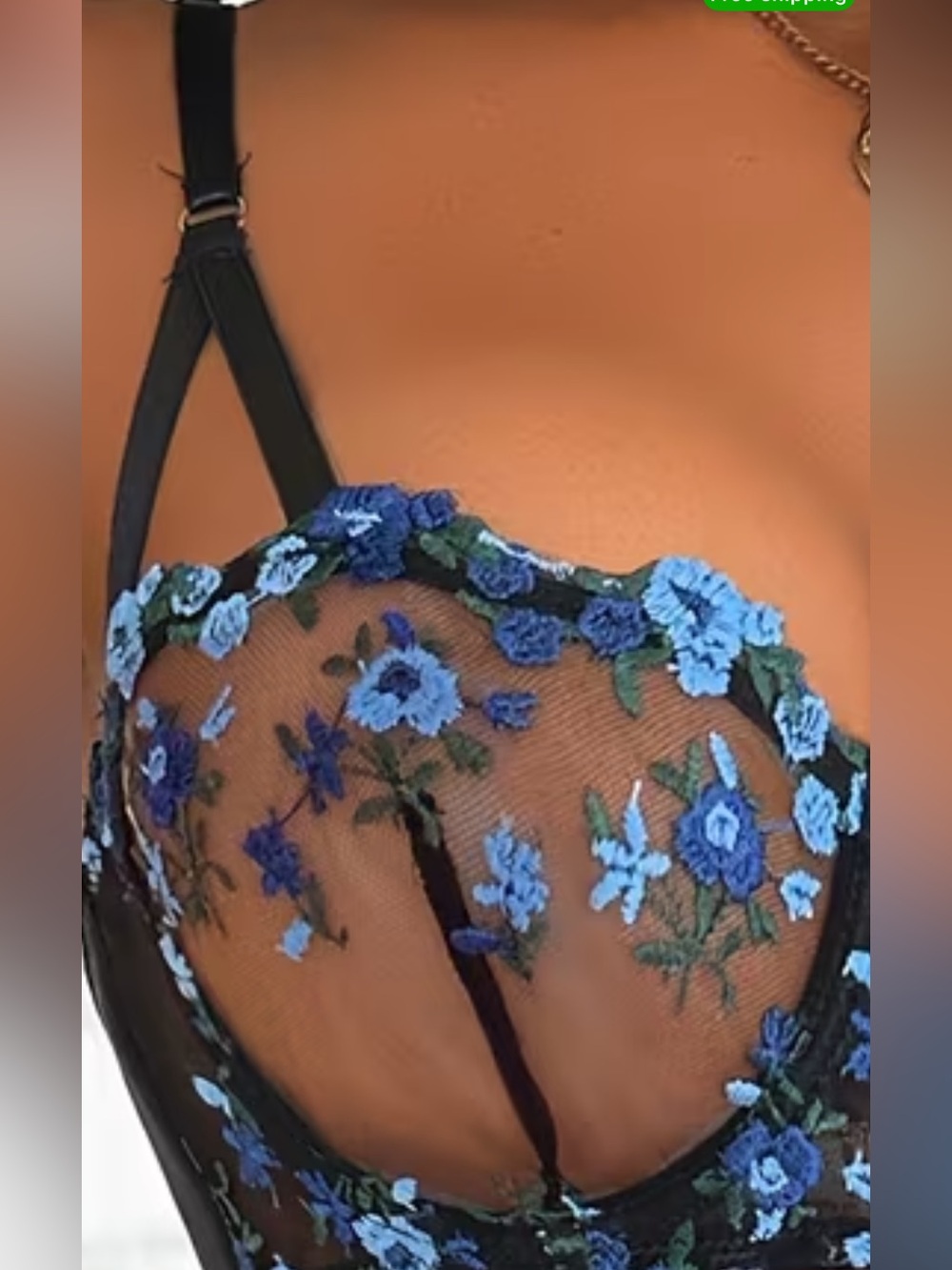 Sheer Floral Embroidered Black Bustier with Blue Flowers